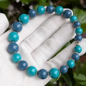 Turquoise & Blue Beaded Stretch Bracelet | Silver Tone Spacers